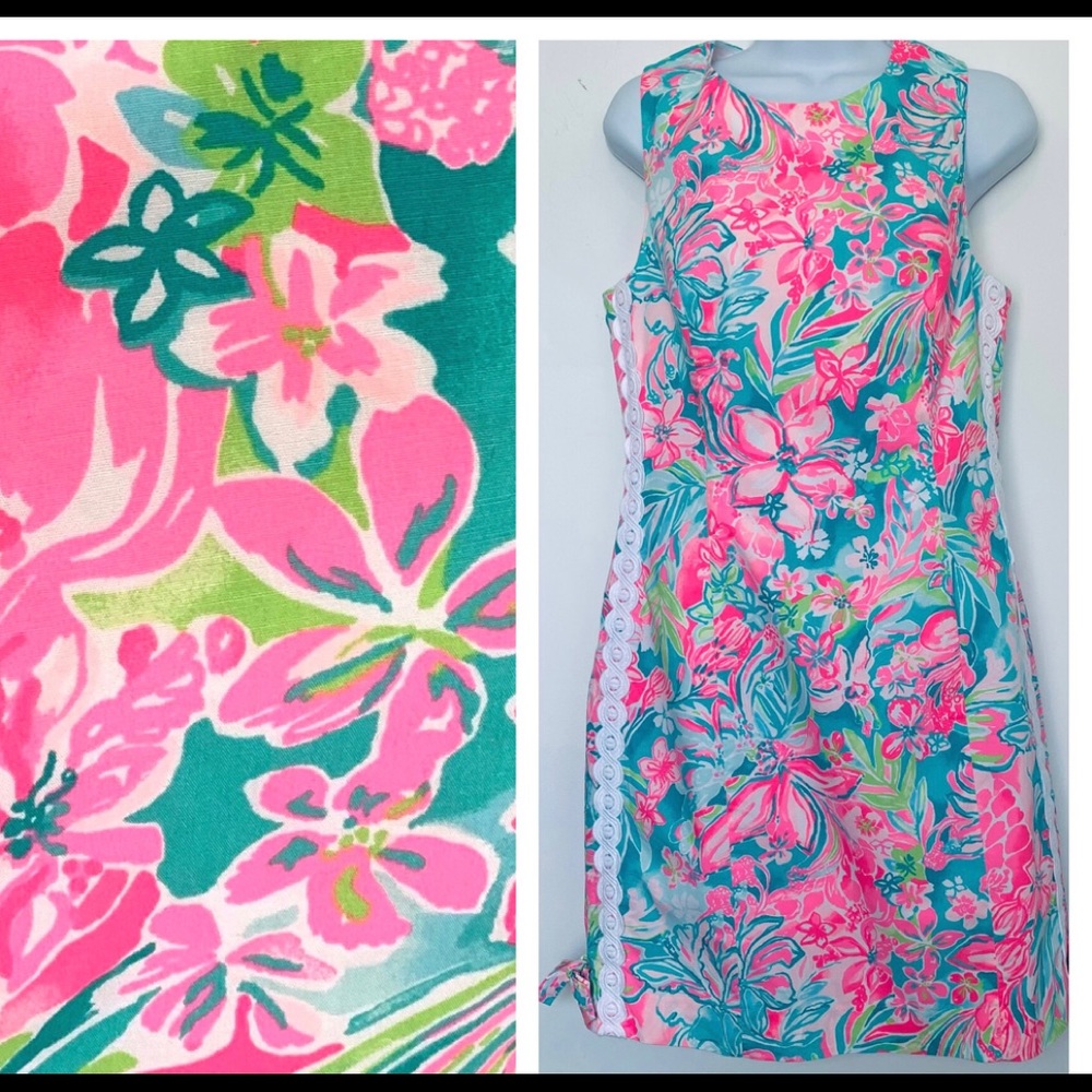 LILLY PULITZER Pink and Teal Green Floral Print Sleeveless Dress.